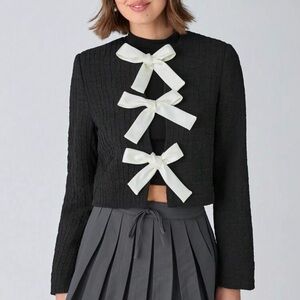 TRIPLE SWEET Textured Black Blazer with White Bows XS S M L